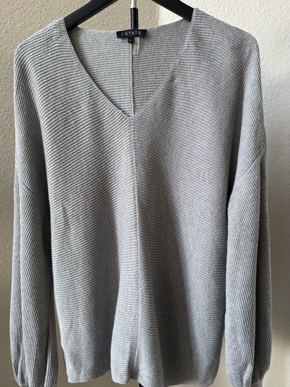 STATE Light Gray V-Neck Ribbed Knit Pullover